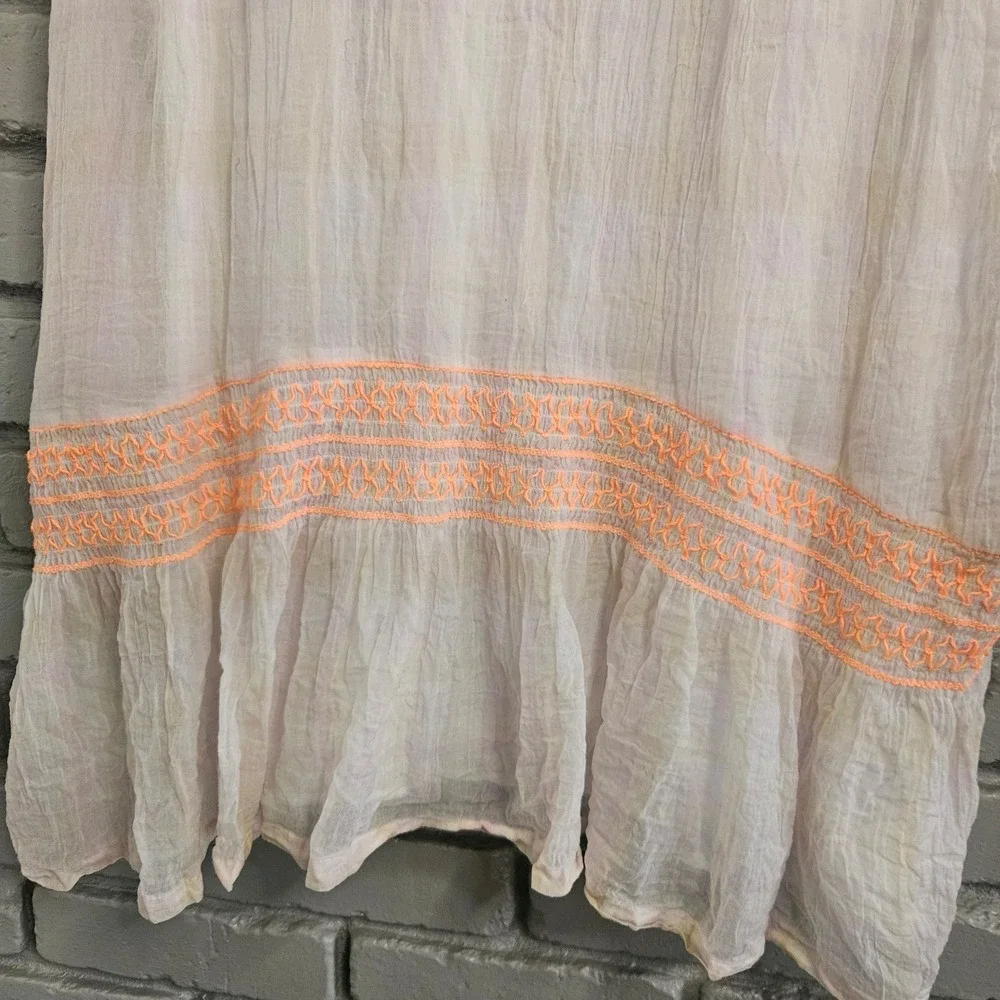 Free People White Cotton Gauze Embroidered Neon Orange Tunic Top Size‎ M Boho